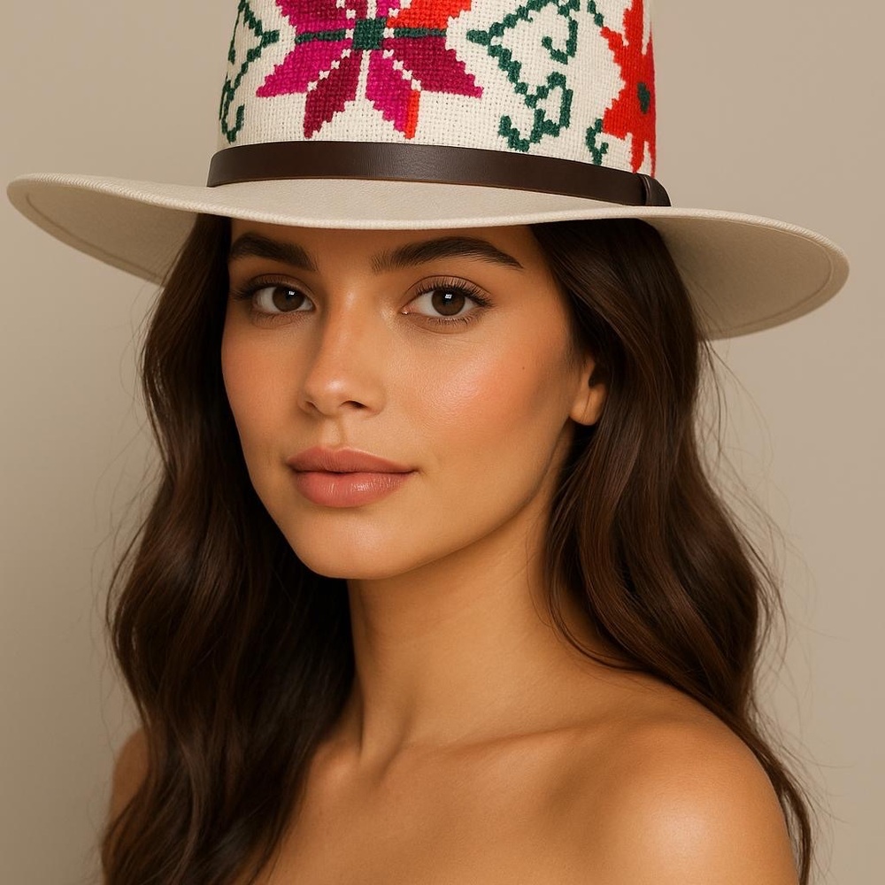Panama Fedora Hat Hand Embroidered Huasteca Potosina Mexico Boho Artisan